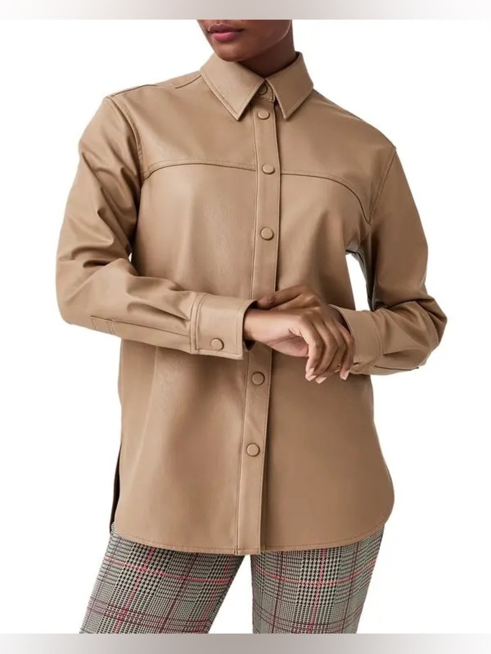 Spanx Long Sleeve Faux Leather Shirt in Toffee S